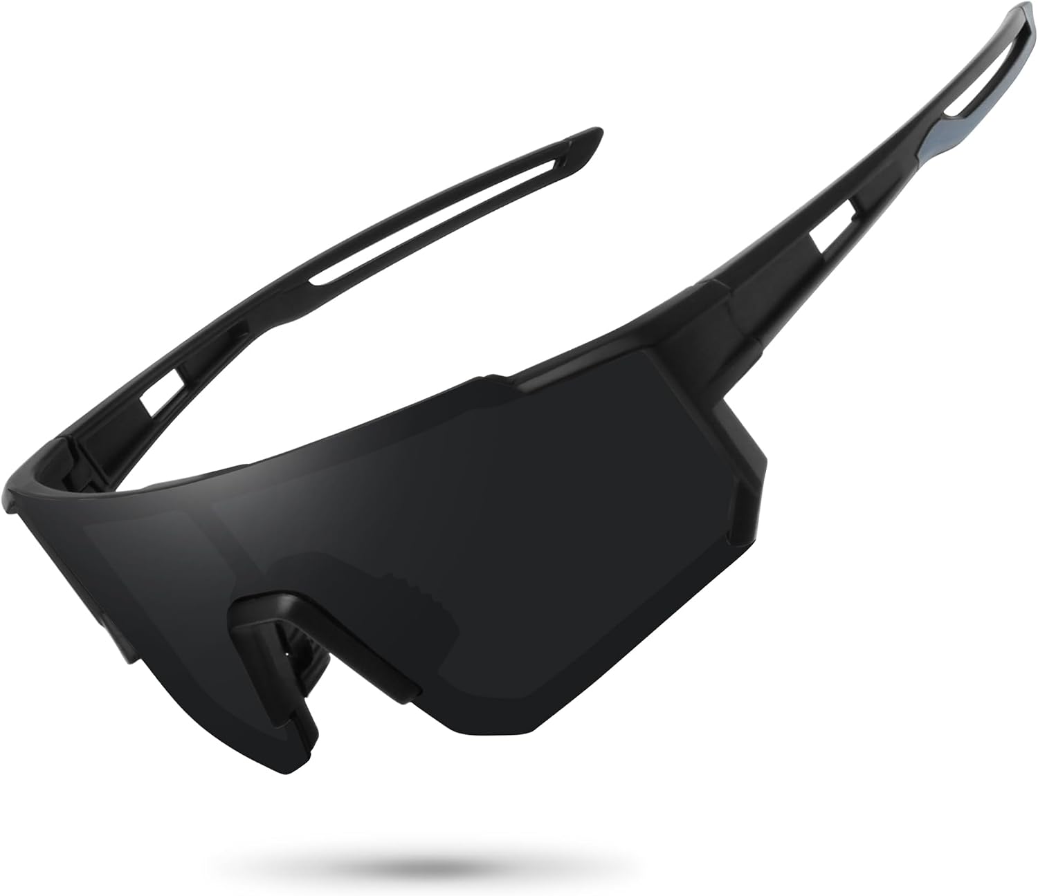 Wraparound polarized sports sunglasses, UV400 shield, lightweight frame, for baseball mountain biking driving.