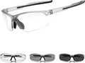 Photochromic cycling glasses, adaptive tint clear-to-dark, anti-slip frame, for MTB road biking golf.