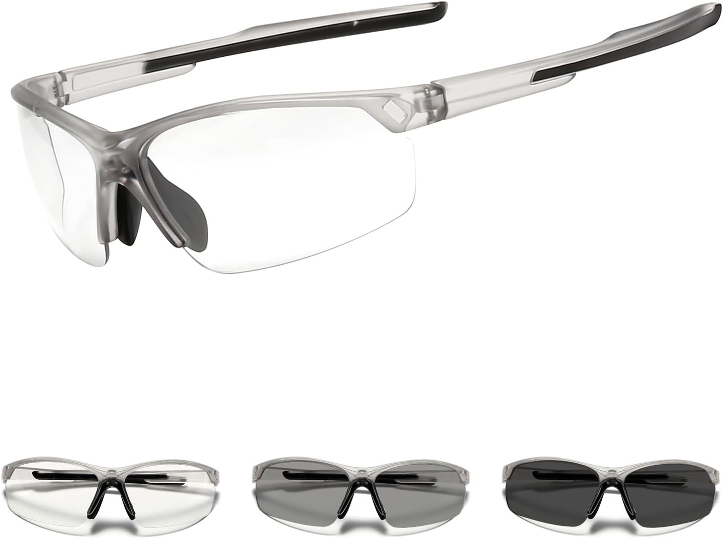 Photochromic cycling glasses, adaptive tint clear-to-dark, anti-slip frame, for MTB road biking golf.