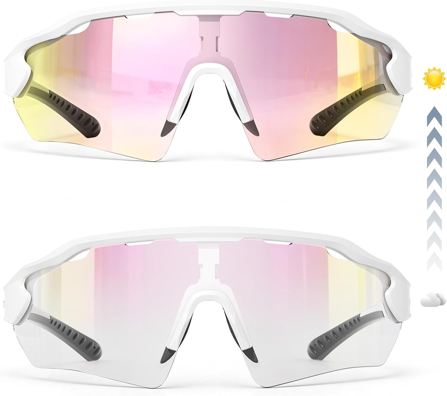 Photochromic bike glasses, clear-to-dark lens, UV protective, for mountain biking road cycling running.