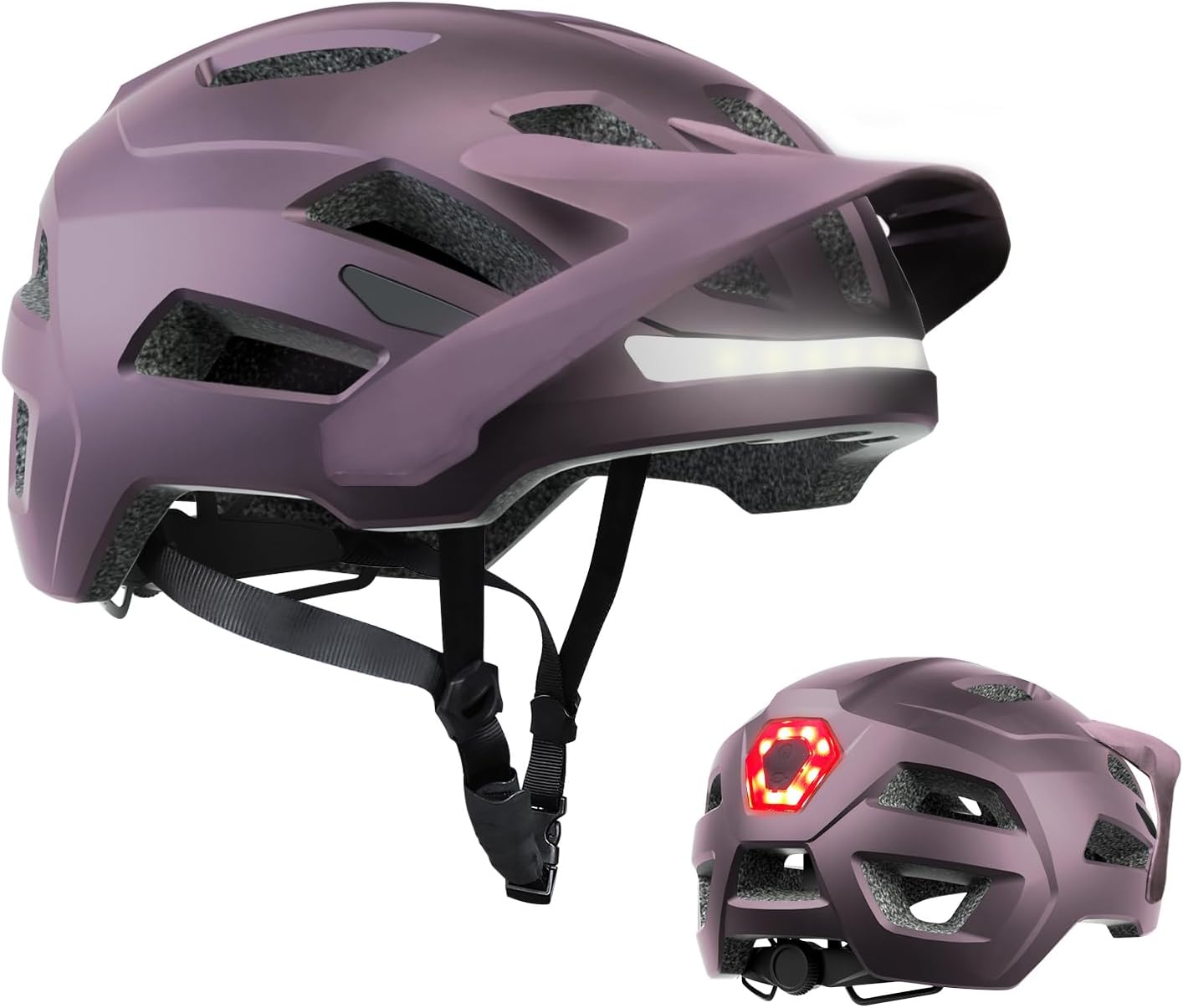 Mountain bike helmet for men and women, front and back LED lights, adjustable brim.
