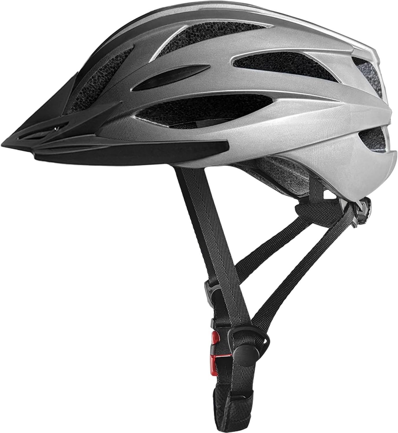 Adult bike helmet with visor, adjustable fit, for mountain and road cycling.