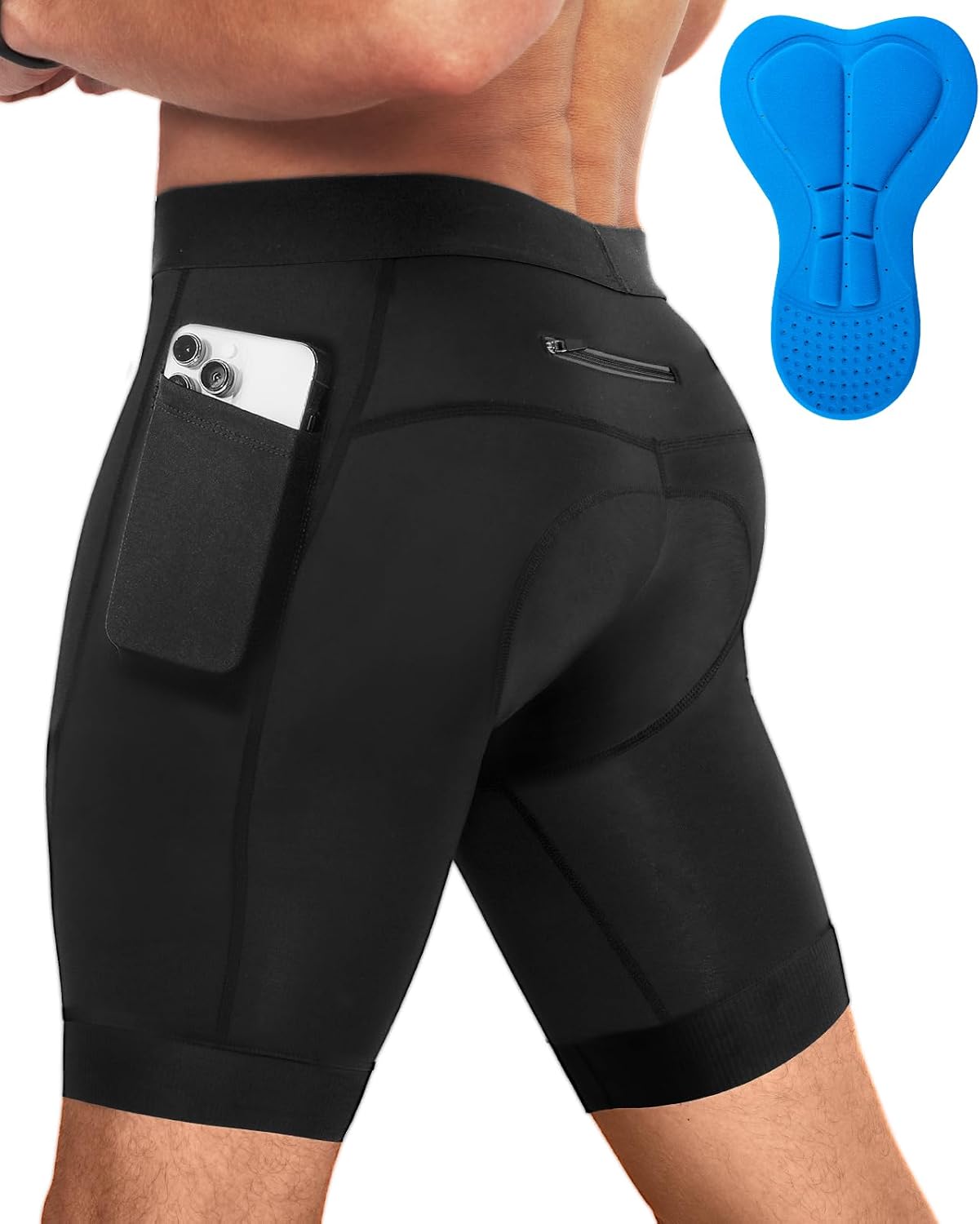 4D padded cycling shorts for men, UPF 50, breathable compression fabric, ergonomic multi-panel design.
