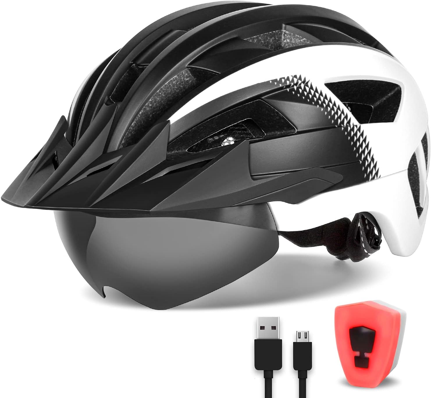 Adult bike helmet with visor and goggles, rechargeable rear light, mountain road.