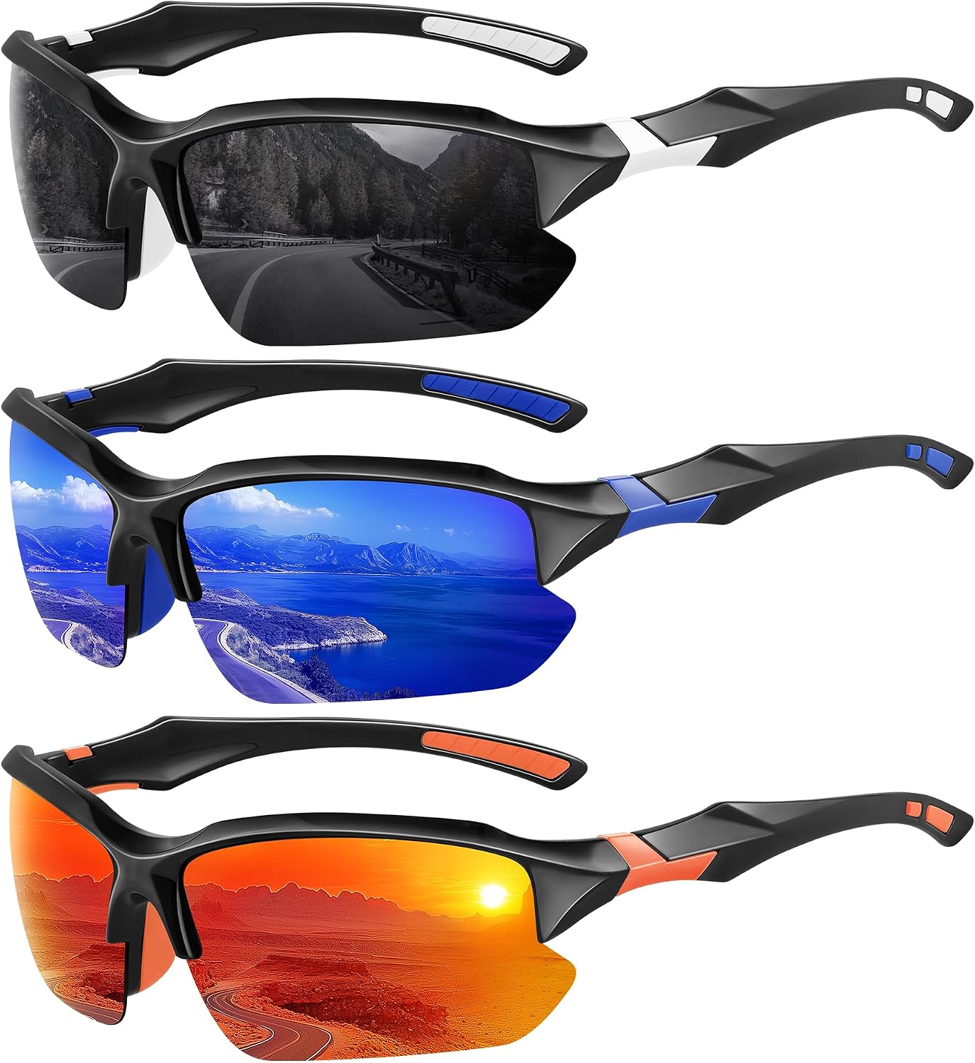 3-pack half-frame polarized sports sunglasses, UV-blocking, for running driving cycling.