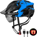 Bike helmet with USB rechargeable LED light, detachable goggles and sun visor, mountain and road.