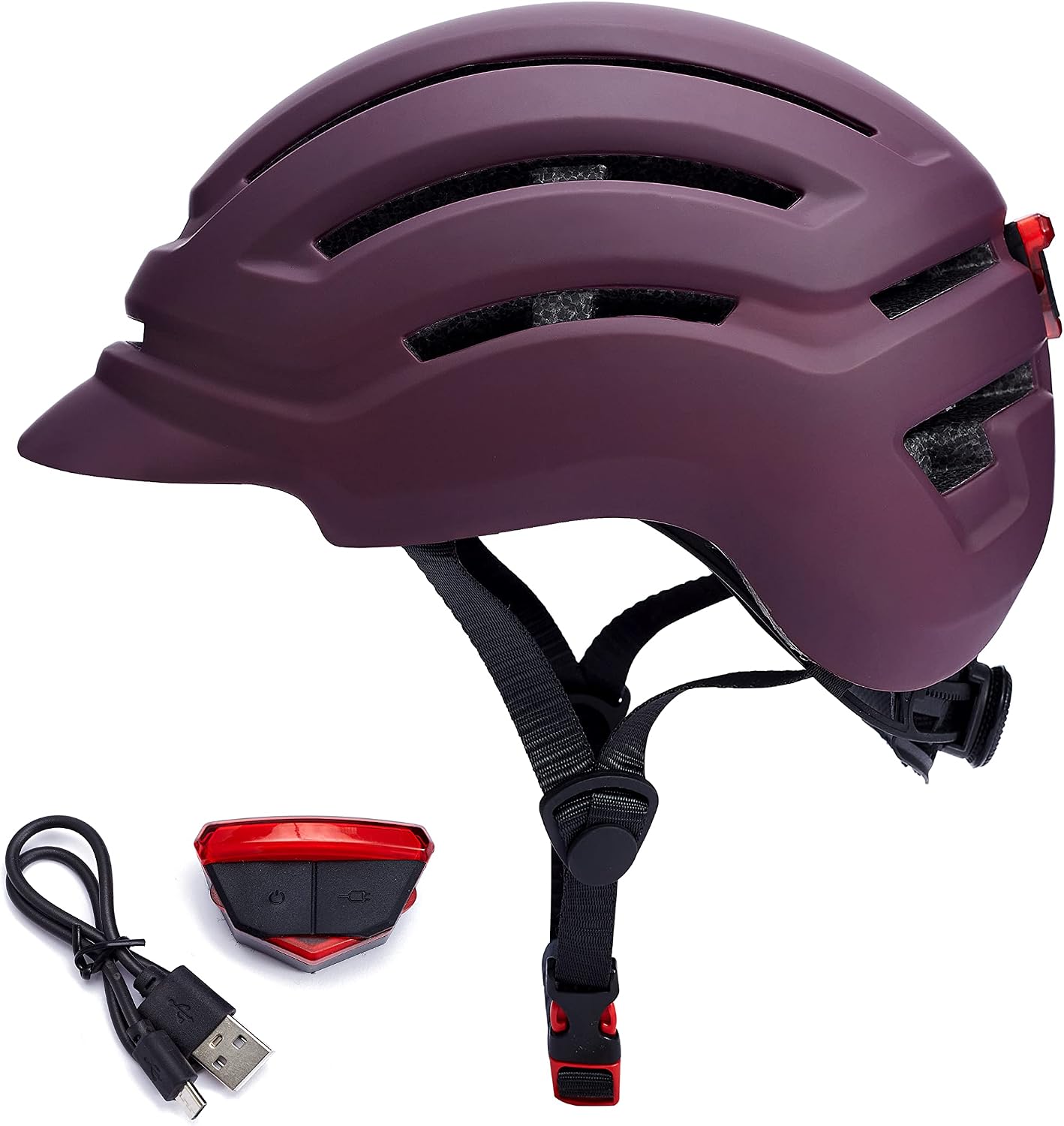 Adult bike helmet with USB rechargeable taillight, mountain and road.